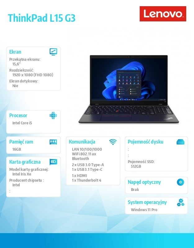 Laptop ThinkPad L15 G3 21C30077PB W11Pro i5-1235U/16GB/512GB/INT/15.6 FHD/1YR Premier Support + 3YRS OS