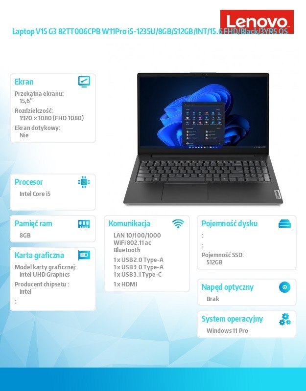 Laptop V15 G3 82TT006CPB W11Pro i5-1235U/8GB/512GB/INT/15.6 FHD/Black/3YRS OS