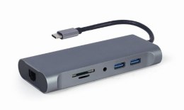 GEMBIRD MULTI ADAPTER USB TYPE-C 7 W 1 (HUB3.0 + HDMI + VGA + PD + CZYTNIK KART + DŹWIĘK STEREO), SZARY