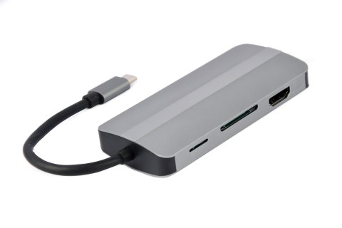 GEMBIRD MULTI ADAPTER USB TYP-C 8W1 (HUB3.1 + HDMI + VGA + PD + CZYTNIK KART + DŹWIĘK STEREO), SZARY