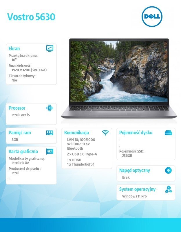 Notebook Vostro 5630 Win11Pro i5-1340P/8GB/256GB SSD/16 FHD+/Intel Iris Xe/WLAN + BT/Backlit Kb/4 Cell/3Y ProSupport